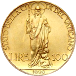 100 Lire Città del Vaticano Pio XI verso