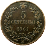 5 centesimi Regno Italia Vittorio Emanuele II verso