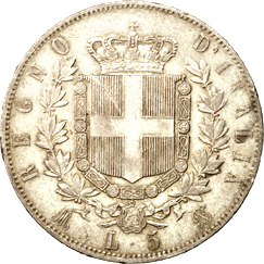 5 Lire Regno Italia Vittorio Emanuele II stemma verso