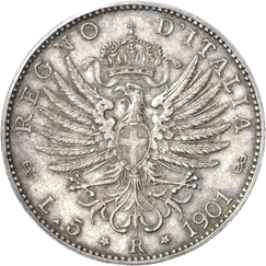 5 Lire Regno Italia Vittorio Emanuele III Aquila sabauda verso