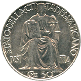 50 centesimi Città del Vaticano Pio XII tipo II verso
